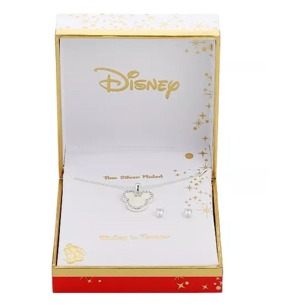 Disney Mickey Ears Silver Plated Faux Pearl Necklace Earrings (2 Piece Set) NEW